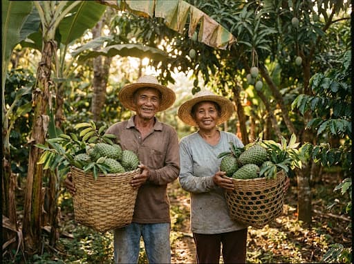 Local farmers in a verdant tropical orchard in Maasin, Iloilo