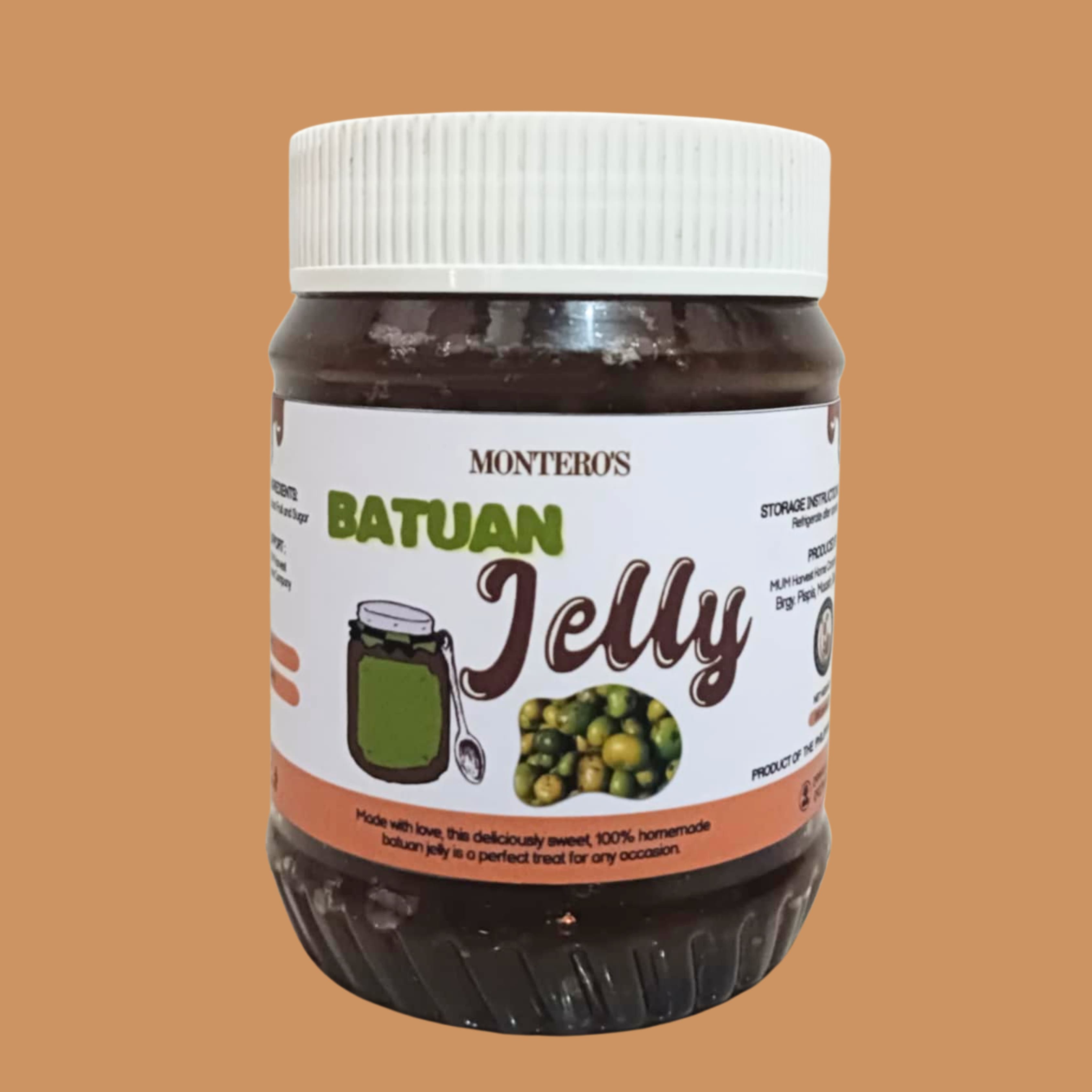 Artisanal glass jar of Visayan Batuan Jelly with rustic craft paper lid and fresh green batuan fruit
