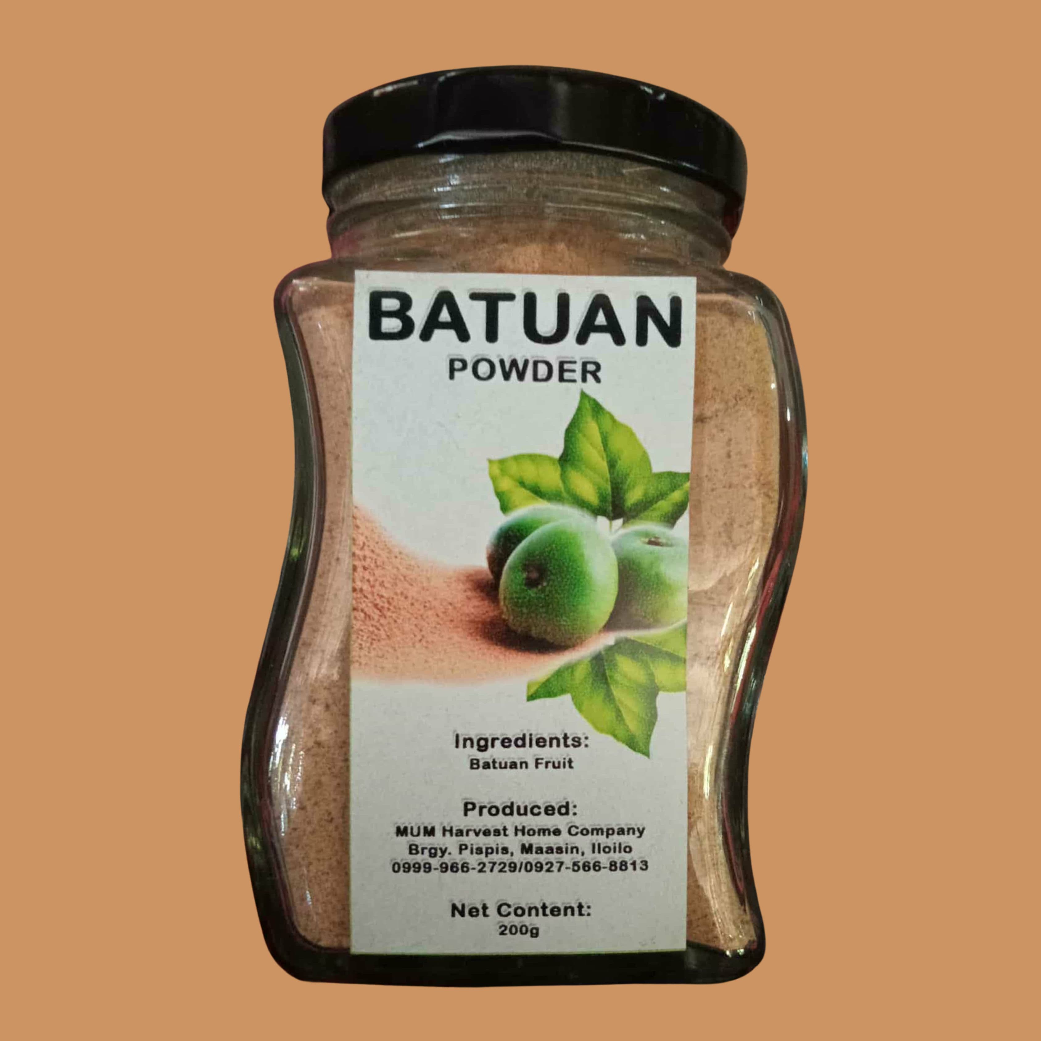 Artisanal packaging of Visayan Batuan Powder in an amber glass spice jar with cork lid, fine green-olive sour fruit powder on a warm wooden board