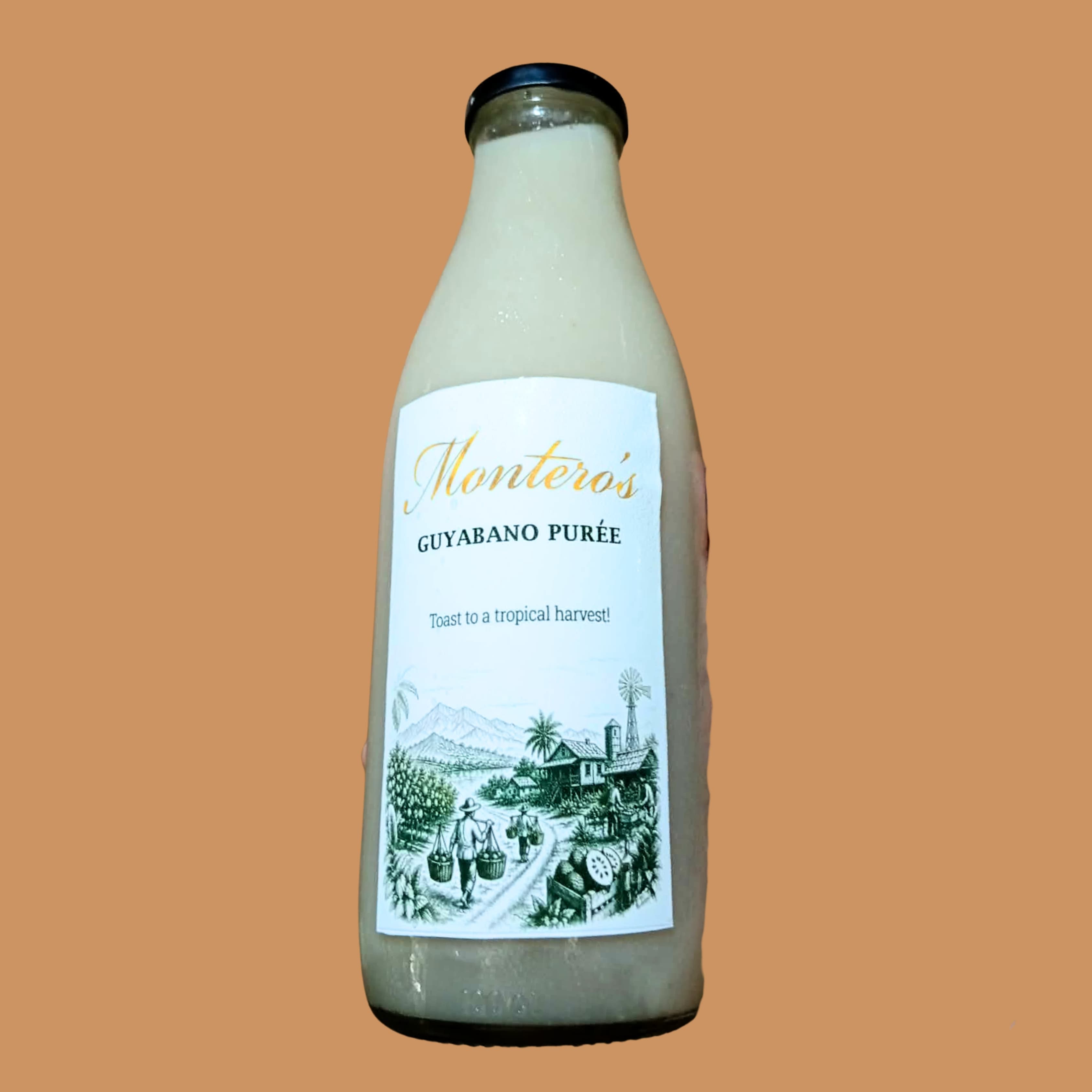 Artisanal glass jar of Guyabano Purée with craft label, creamy soursop pulp, and fresh guyabano fruit nearby
